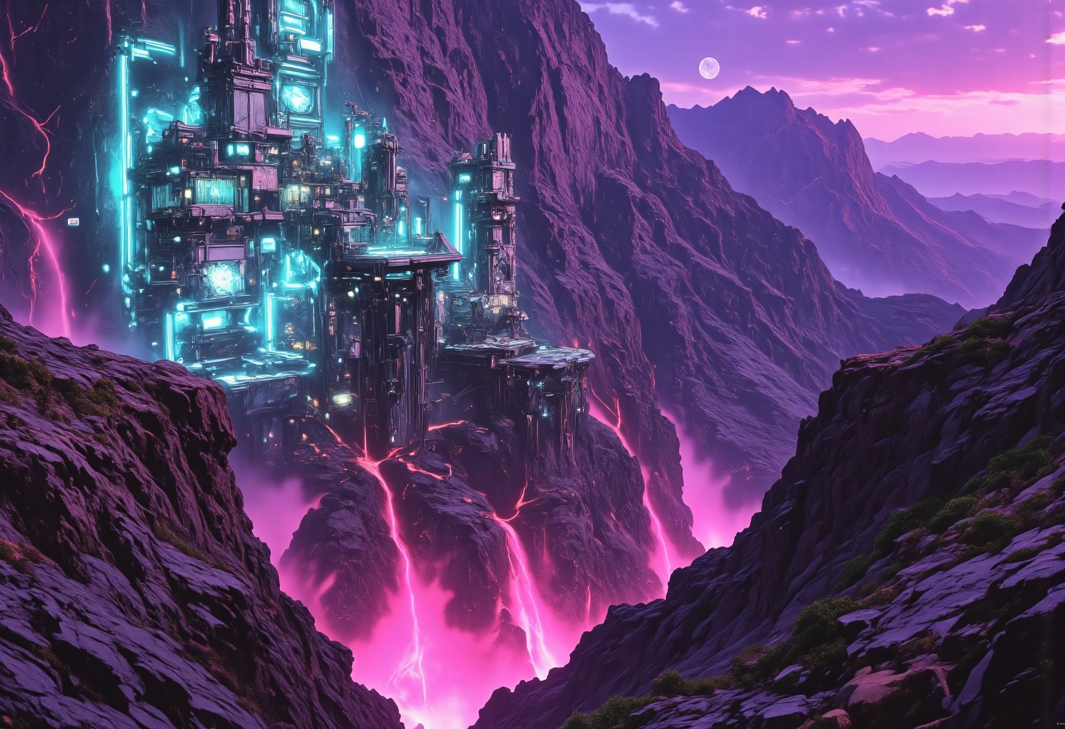 OBxiaoxiang, CAICO, inksketch purple and gray theme, Abstract digital painting in the style of ck-js, detailed photorealistic image, a sci-fi Miningstation of colossal buildings and towers in a barren lavender lush landscape, looking like an Mining Outpost perched at the Cliff, a smelter attached to the structures, of a volcanic cliff, its sleek towers a stark contrast to the cliffs surrounding it. The planet’s sun casts a vivid, cyan surreal light across the station, while deep fissures reveal glowing rivers of molten pink lava far below. The sky is a surreal shade of black and purple, dark glowing diodes and lights ((dark glowing diodes, lights and neon signs), Firestorm Inc. written on the neon signs), attached to the building is a landing field with 3  Spaceships landed on it, Dragonkin like creatures are around fixing some spaceships, two moons hanging low in the horizon, each reflecting light off the surface, large depth of field. The sky is a dark pink, with 2 broken moons hanging low in the horizon <lora:more_details>
realistic, detailed background, shaded, detailed, hi res, realistic, photography \(artwork\), (by kenket), by ross tran, by michael & inessa garmash, by pino daeni, by isvoc, by kiguri, by alena aenami, by ruan jia, (by zenthetiger, by wolfy-nail), by Enki Bilal, by drmax, photorealism, <lora:add_detail:1.3