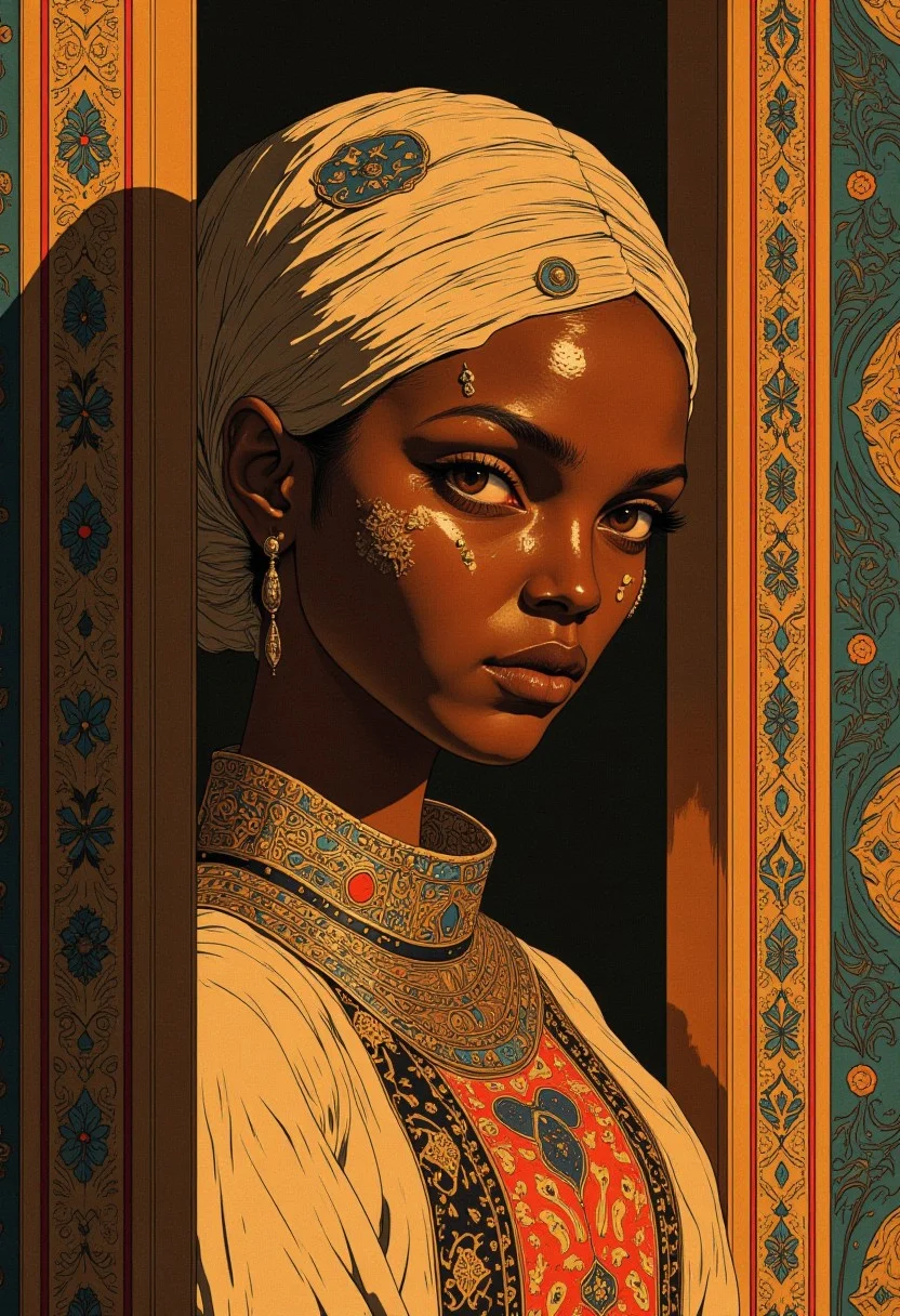 The African woman gypsey gazes at the viewer with large eyes from under her headscarf, as warm, golden light spills around her, in her magical ornate room, evoking the nostalgic, narrative style of Norman Rockwell, with the added dynamism of Syd Mead's industrial futurism and the whimsical, dreamlike quality of Hayao Miyazaki's animated worlds, Comic book style