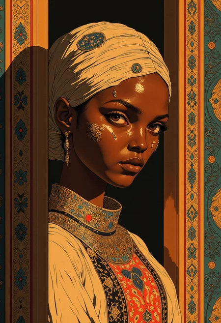 The African woman gypsey gazes at the viewer with large eyes from under her headscarf, as warm, golden light spills around her, in her magical ornate room, evoking the nostalgic, narrative style of Norman Rockwell, with the added dynamism of Syd Mead's industrial futurism and the whimsical, dreamlike quality of Hayao Miyazaki's animated worlds, Comic book style