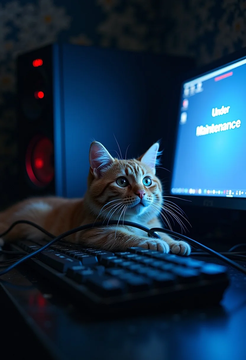 Score_9, score_8_up, score_7_up, cute tabby cat laying across a computer keyboard, wrapped up in loose wiring, blue computer screen of death, dark server room, computer crash, red blinking lights, blue screen shows the words under maintenance, under maintenance focus