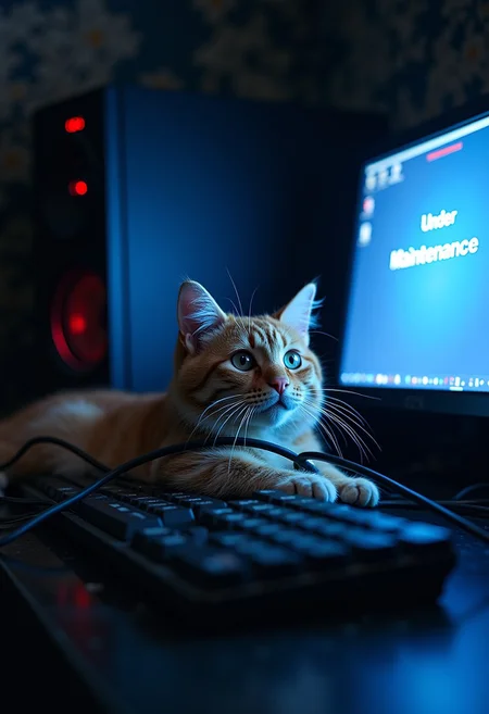 Score_9, score_8_up, score_7_up, cute tabby cat laying across a computer keyboard, wrapped up in loose wiring, blue computer screen of death, dark server room, computer crash, red blinking lights, blue screen shows the words under maintenance, under maintenance focus