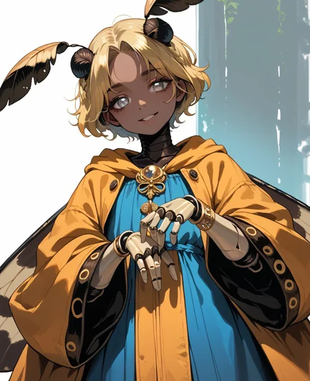 score_9, score_8_up, score_7_up, score_6_up, 1girl, solo, perfect hand, flat chest, (very dark skin:1.2), (plump:1.1), moth antennae, arthropod joints, straight_hair, yellow hair, short hair, braided bun, parted bangs, silver eyes, bracelet, orange trenchcoat, light blue robe, from_below, neutral_pose, smile, moth girl, extra arms, crown