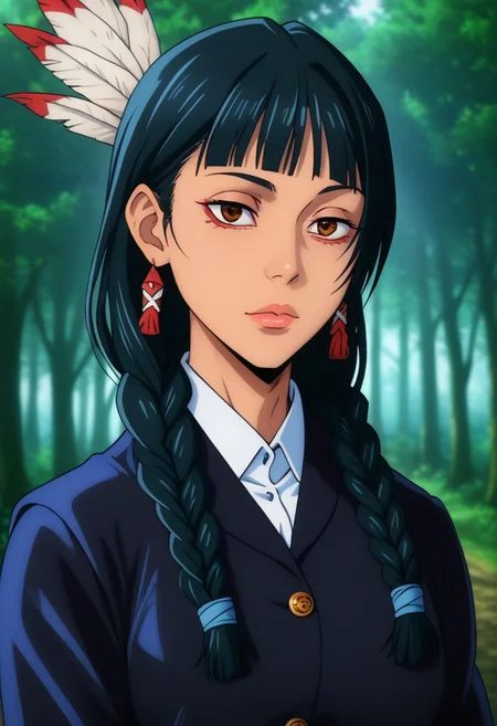 score_9, score_8_up, score_7_up, source_anime, intricate details, anime screencap, perfect balance, official art, extremely detailed CG unity 8k wallpaper, perfect lighting, Colorful, Warm_Front_face_Lighting, (masterpiece:1.0),(best_quality:1.0), ultra high res,4K,ultra-detailed, photography, 8K, HDR, highres, absurdres:1.2, Kodak portra 400, blurry background, bokeh, lens flare, (Anime) (vibrant_color:1.2), professional photograph, night, (cute_face:1.2), 2d, anime, upper body, intricate iris, American, Professional character design, 1girl, female focus, (Brown eyes), perfect eyes, (black-hair), Native American, Indigenous, American Indian, youthful, solo, jujutsu_kaisen_style, character portrait, (perfect-lighting), face, young, (Dark-black-hair), Long hair, (Native American), Indigenous, American Indian, (wild hair), (((wild eyes))), (Native North American), (Upturned eyes), (high cheekbones), (strong jawline), (Black Hair), ((((Native-American-Eagle-feather-braids, Native American Eagle feather accessories)))), (Black Cowboy Jacket), (((wild eyes))) ((Bobbed Bangs)) (((Slanted-Eyes))) (Psycho) (Happy) (Friendly) (Goofy) (Dark Black Jacket) (White Dress Shirt), (Blue Warpaint), (Redwood Forest, Pacific Northwest Forests), (Inuit), (Tan skin), (Dark Skin), (Brown skin), (bobbed hair), White Eagle-Feather-Earrings, Thick Bangs, Bobbed hair, Bob-cut, White-Feather-Earrings, Brown-skin, Inuit Face-paint