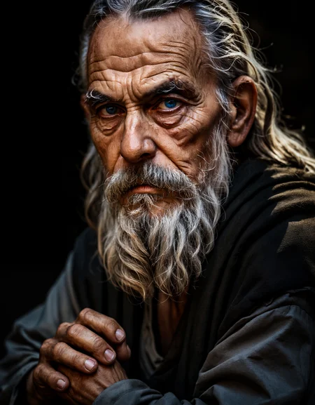 (zavy-ldprtrt), old man, upper body, realistic, looking at viewer, an old sage with a long beard, eyes that have seen centuries, natural shadow, depth of field, aesthetic, wise and enigmatic