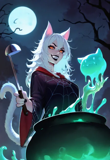 masterpiece, best quality, absurdres, 1girl,cat ears,fangs,spider web print,outdoors,white hair,orange eyes,slit pupils,black lips,robes,cauldron,evil grin,full moon,bubbling,magic,upper body,outline,cat tail,black nails,green goo,ladle <lora:phamoz_n11:1>