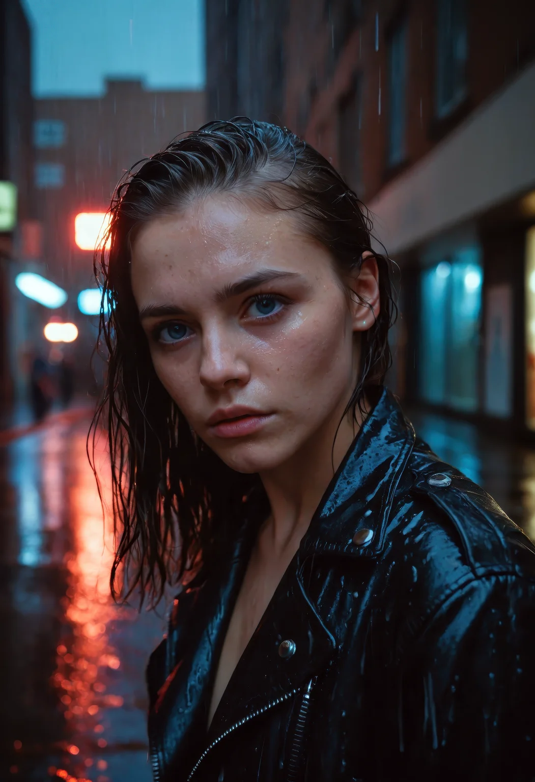 A photorealistic portrait of a young woman standing in a dim, rainy alley under glowing neon lights, piercing blue eyes fixed forward with a melancholic yet defiant expression, wearing a vintage leather jacket drenched by rain, her wet hair clinging to her face and neck, cinematic composition with reflections shimmering across the wet pavement, shallow depth of field (f/1.8), background softly blurred, shot with the aesthetic of 35mm Kodak Portra 400 film, rich muted tones with soft grain, urban grunge meets emotional intimacy, mood of quiet strength in solitude
