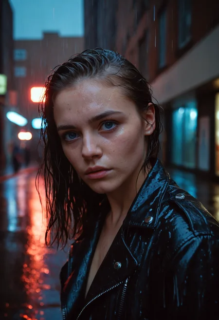 A photorealistic portrait of a young woman standing in a dim, rainy alley under glowing neon lights, piercing blue eyes fixed forward with a melancholic yet defiant expression, wearing a vintage leather jacket drenched by rain, her wet hair clinging to her face and neck, cinematic composition with reflections shimmering across the wet pavement, shallow depth of field (f/1.8), background softly blurred, shot with the aesthetic of 35mm Kodak Portra 400 film, rich muted tones with soft grain, urban grunge meets emotional intimacy, mood of quiet strength in solitude
