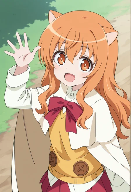 1girl, orange hair, orange eyes, dog ears, white shirt, yellow vest, ribbon, cape, waving, outdoors, solo <lora:rico_dd:1>, masterpiece, best quality, amazing quality, very aesthetic, absurdres, highres, newest