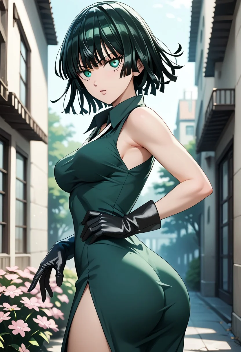 score_9,score_8_up,score_7_up,source_anime, FUBUKI_(ONE_PUNCH_MAN),1girl,solo,breasts,looking at viewer,short hair,bangs,black hair,gloves,dress,green eyes,ass,sleeveless,black gloves,black dress,from side,side slit,green dress,