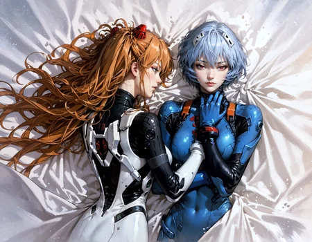 score_9, score_8_up, score_7_up, score_6_up, score_5_up, score_4_up, 2girls, (Rei Ayanami, Asuka Souryuu Langley:1.2), from above, lying down, (plugsuit), light blue hair, short hair, blue cushions, velvet sheets, satin, expressiveh, castlevania, kojima ayami