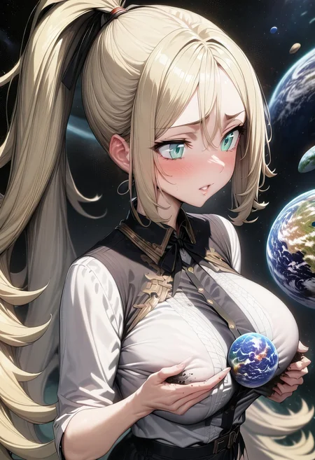gorgeous lips, cinematic, (masterpiece), (best quality), (ultra-detailed), very aesthetic, perfect composition, intricate details, absurdres, detailed face, (anime, masterpiece, intricate:1.3), (best quality, hires textures, high detail:1.2),
1girl, 1girl,korrina(pokemon),((blonde hair,ponytail:2,green eyes,aqua eyes,hair beetween eyes:1.2,((large breast)),,very long hair, solo, planet size, space, small planets, floating object, white wings, black ribbon, gradient eyes, beautiful detailed eyes, gradient background, holding planet, crushing planet, squeezed planet, (masterpiece:1.4), (best quality:1.4), (ultra-detailed:1.2), gl0w, glow