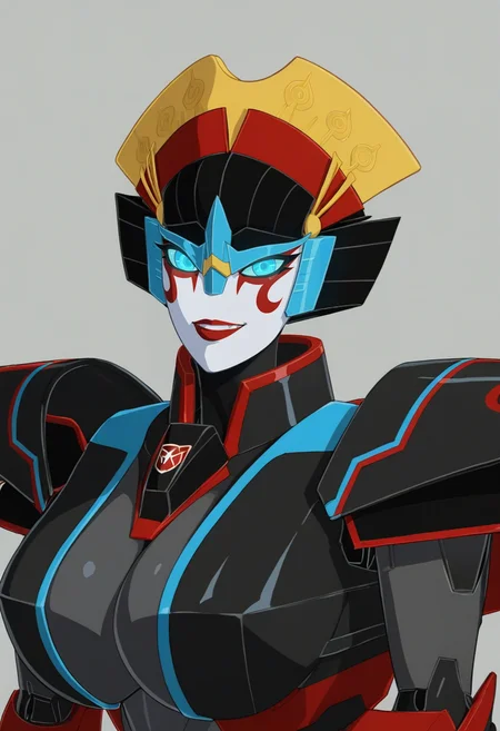 score_9, score_8_up, score_7_up, score_6_up, score_5_up, score_4_up, 1girl, <lora:Windblade:0.8> solo, robot, mecha, red lips, blue eyes, glowing eyes, looking at viewer, upper body, face focus, smirk, teeth, huge breasts, cleavage,
grey background, simple background,