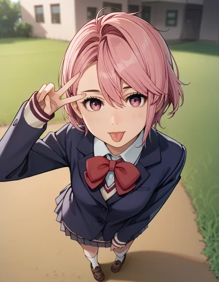 score_9, score_8_up, score_7_up, source_anime, BREAK
1girl, solo, looking at viewer, blurry background,from above, :P, tongue out, v-pose, hand on own hip, outdoors, grass, leaning forward, 
aira shiratori, pink hair, short hair, pink eyes,
school uniform, blue blazer, white collared shirt, red bowtie, long sleeves, sleeves past wrists, miniskirt, pleated skirt, white socks, brown footwear,
<lora:aira_shiratori_anime_v2-soralz:1>