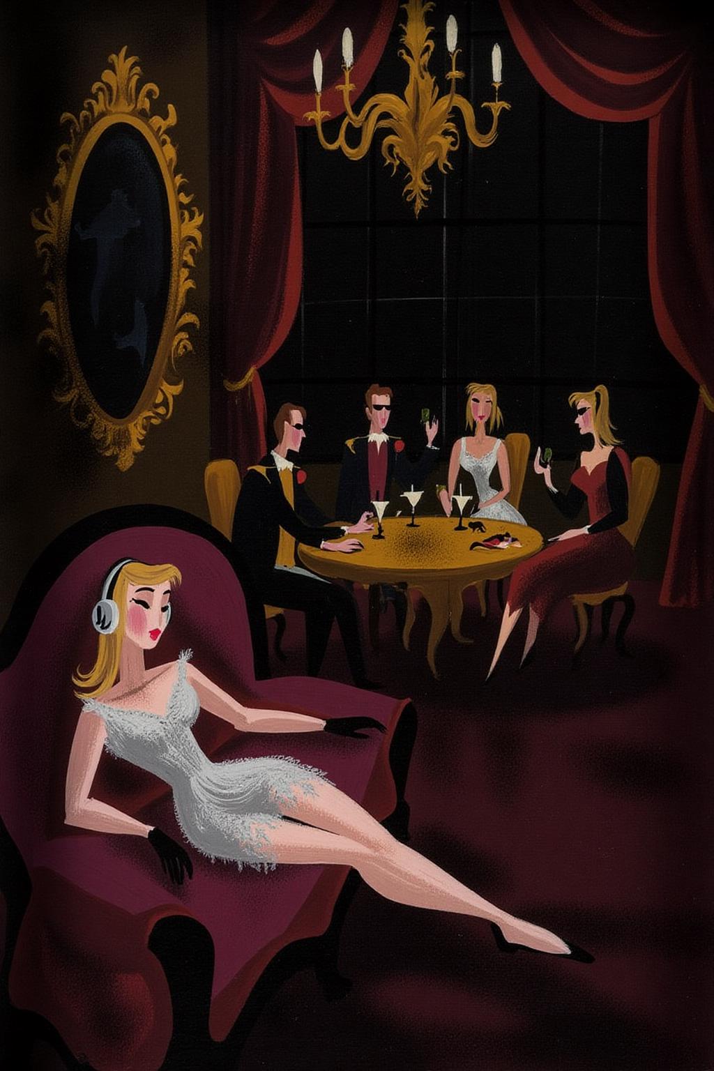 maryblair1 illustration.
A luxurious, dimly lit lounge set in 1970s Italy, exuding vintage charm and opulence. A stylish young woman in a lace dress, wearing oversized headphones, lounges on a plush velvet couch with an air of cool detachment. She dons sleek black gloves, embodying the effortless glamour of the era. In the background, a group of fashionable, well-dressed people in tailored suits and cocktail dresses sit around a table, enjoying drinks and conversation, all wearing sunglasses. The room is adorned with ornate gold decor, rich velvet textures, and the warm glow of dim lighting, evoking the chic sophistication of Italy's high society in the 1970s.   <lora:maryblair2_cap_d8a4:1.0><lora:846223770092834389:0>