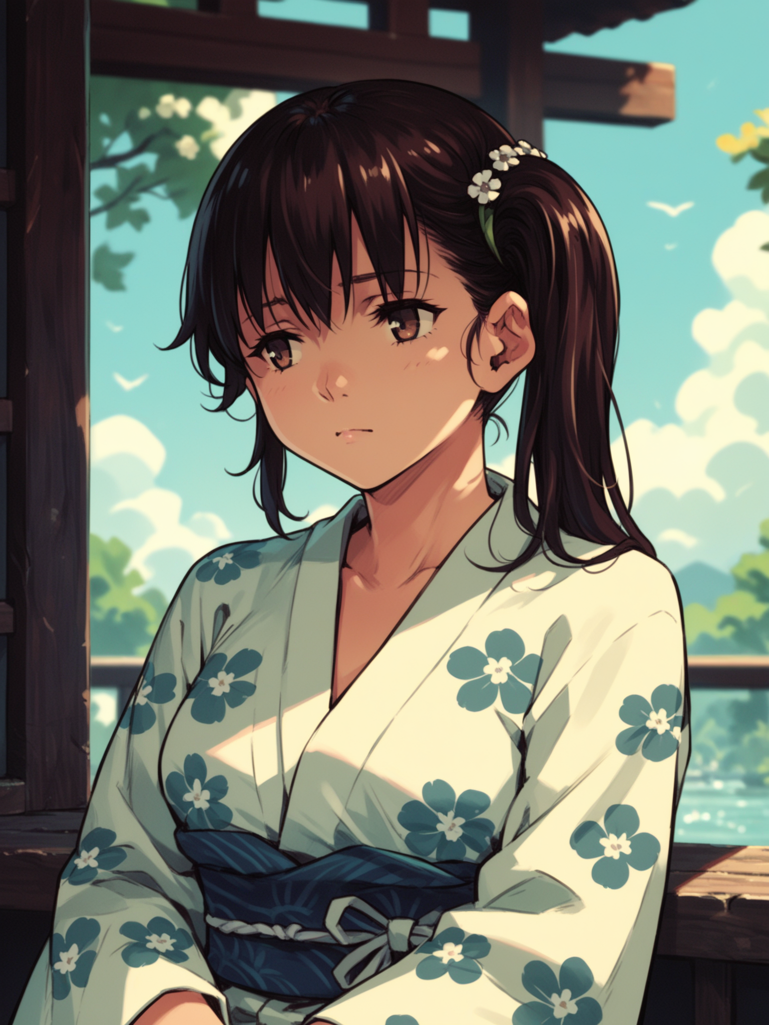 <lora:happy_tentacle-risa-v0.3-000030:1>, ht_risa, side ponytail, yukata, hair flower , outdoors, 1girl, solo, upper body , , (emotionless :1.1), , looking away , sitting , , score_9, score_8_up, score_7_up, score_6_up, score_5_up, score_4_up