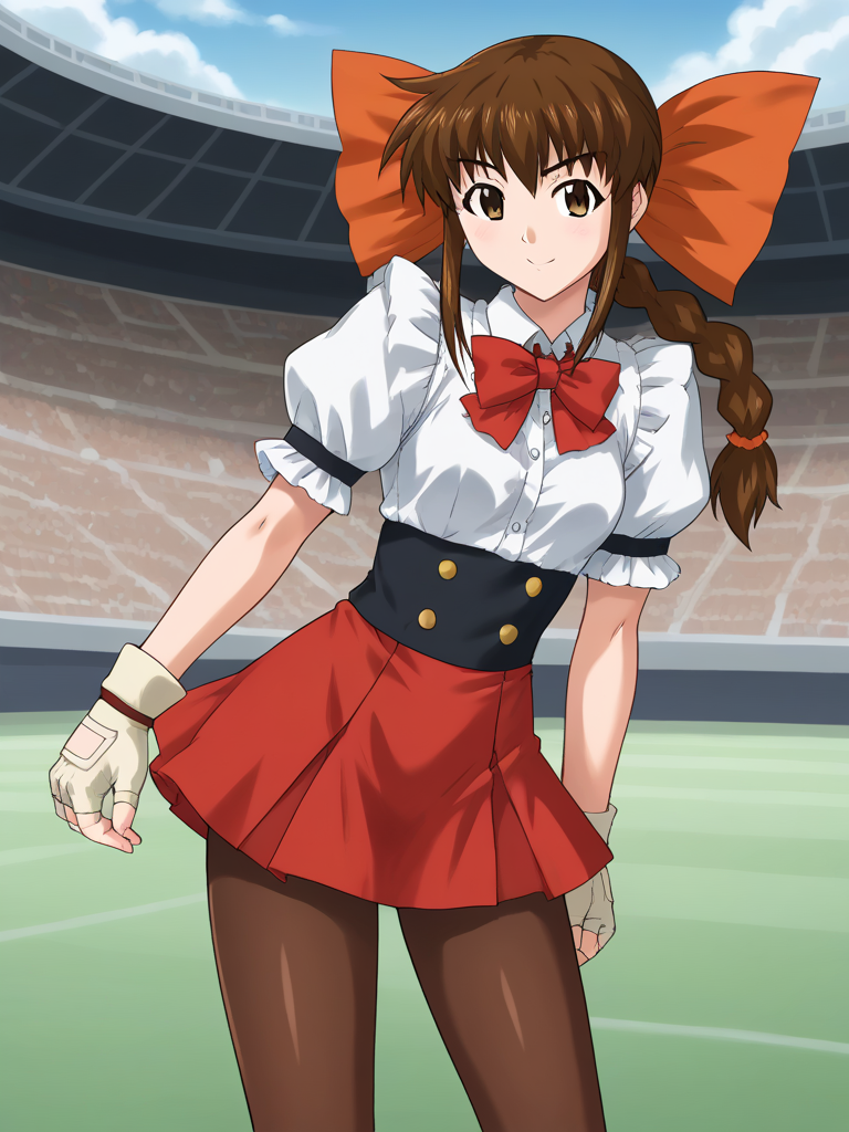 1girl, solo, tamaovgrebirth, tamaoog, brown hair, braided ponytail, orange bow, hair bow, brown eyes, waitress, red bowtie, puffy short sleeve, fingerless gloves, red skirt, brown pantyhose, outdoors, arena, stadium, serious, smile, standing, cowboy shot