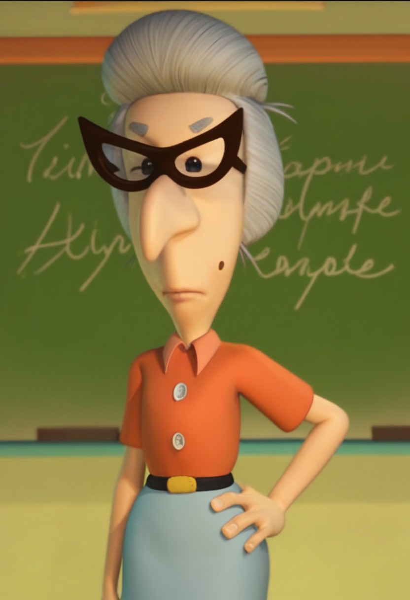 Score_9_up, score_8_up, score_7_up, BREAK, 1girl, msfowljn, solo, grey hair, glasses, buttoned shirt, mole, skirt, hand on hip, classroom