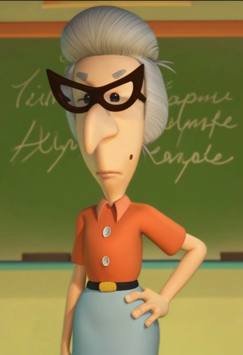 Score_9_up, score_8_up, score_7_up, BREAK, 1girl, msfowljn, solo, grey hair, glasses, buttoned shirt, mole, skirt, hand on hip, classroom