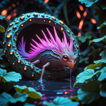 eldritch and exotic scenery on a distant world, award-winning macro photo, short depth of field, hyper realistic, ultra high definition, dim lighting, twilight, bioluminescence, subsurface scattering, the small "flamboyant pondsnorbler" is a feathered creature that inhabits the dense, spiraling winklethickets of the prominent world "krakenhome iv." its vibrant, tri-colored plumage features microscopic crystals that catch the planets teal-hued sunlight, creating a dazzling, prismatic display. the creatures are known for their habit of karfuddeling as they drink from the squidgerbinky dripping nectar globules of the ethereal orbitflowers. the biome itself is a lush, chaotic sprawl of coiling vegetation that twists and loops in gravity-defying spirals, creature focus, very aesthetic, extremely detailed, ultra high resolution, 8k, 4k, harmonising colors, anthrazit grey and fuchsia and taupe and imperial purple and dresden blue and deep teal, ovg, arsmoviestill, 80s fantasy movie still, aidmamj6.1, <lora:midjourney_61-v0.5-flux-by_aidma:0.48> <lora:style-80s_fantasy_movie-v3-flux-by_arsmachina:0.84>