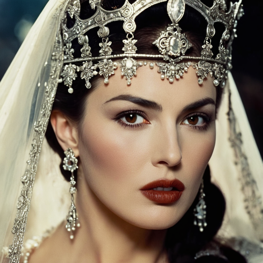 cinematic film still of  <lora:Female Vampire 2:1>
Female Vampire monica bellucci a pale skin ice cold vampire woman with a vampire makeup in a brides of dracula costume with a rusty crown on her head in year 1897, shallow depth of field, vignette, highly detailed, high budget, bokeh, cinemascope, moody, epic, gorgeous, film grain, grainy