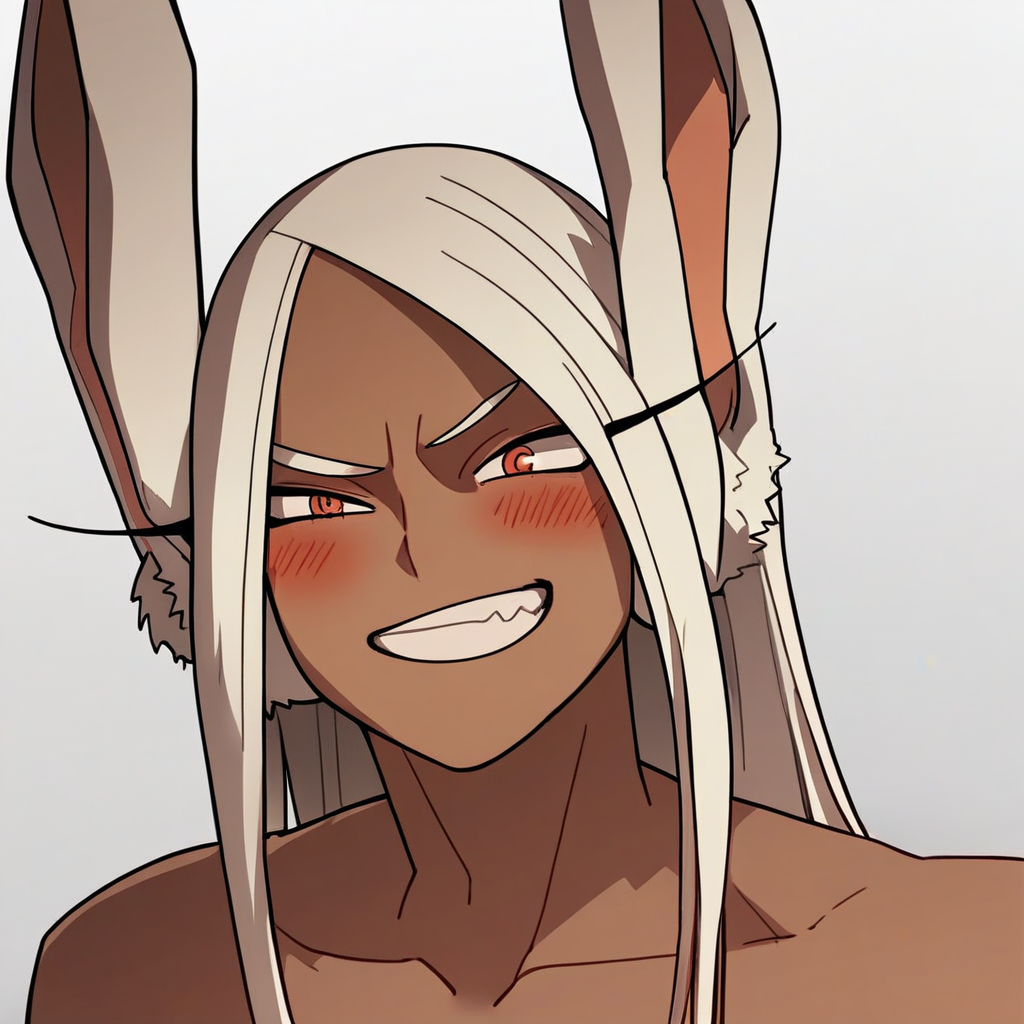 score_9, score_8_up, score_7_up, source_anime, expressive, anime,  dynamic, 1girl, Mirko\(my hero academia\), source_anime, my hero academia, Mirko, dark-skinned_female, white hair, grin, blush, uncensored, (TW1L1GHT0FTH3G0D5), source_hentai