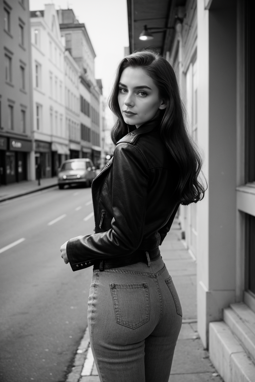 1950s Rebel \(style\) photo of cute thin 21 year old jp-Irena, Sleek straight hair, dark eyeliner, bold brows, Leather jacket, skinny jeans, white tee, Back alley, motorcycle, neon lights, Nikon Z50, 24mm f/1.8, 1/40s, ISO 500, CineStill BWXX