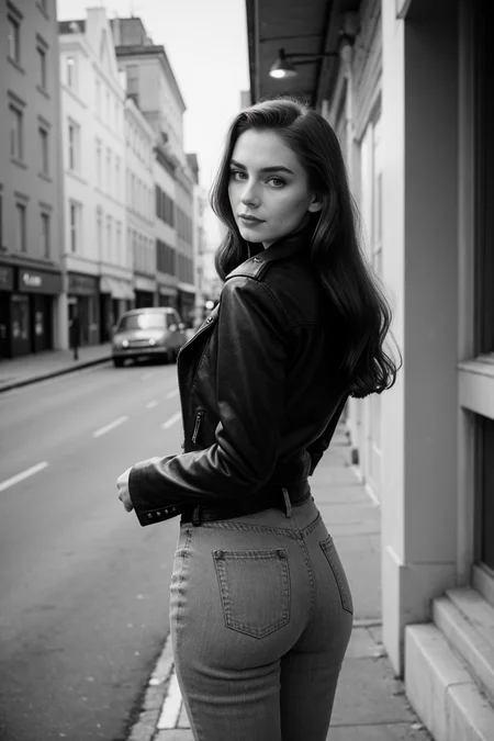 1950s Rebel \(style\) photo of cute thin 21 year old jp-Irena, Sleek straight hair, dark eyeliner, bold brows, Leather jacket, skinny jeans, white tee, Back alley, motorcycle, neon lights, Nikon Z50, 24mm f/1.8, 1/40s, ISO 500, CineStill BWXX