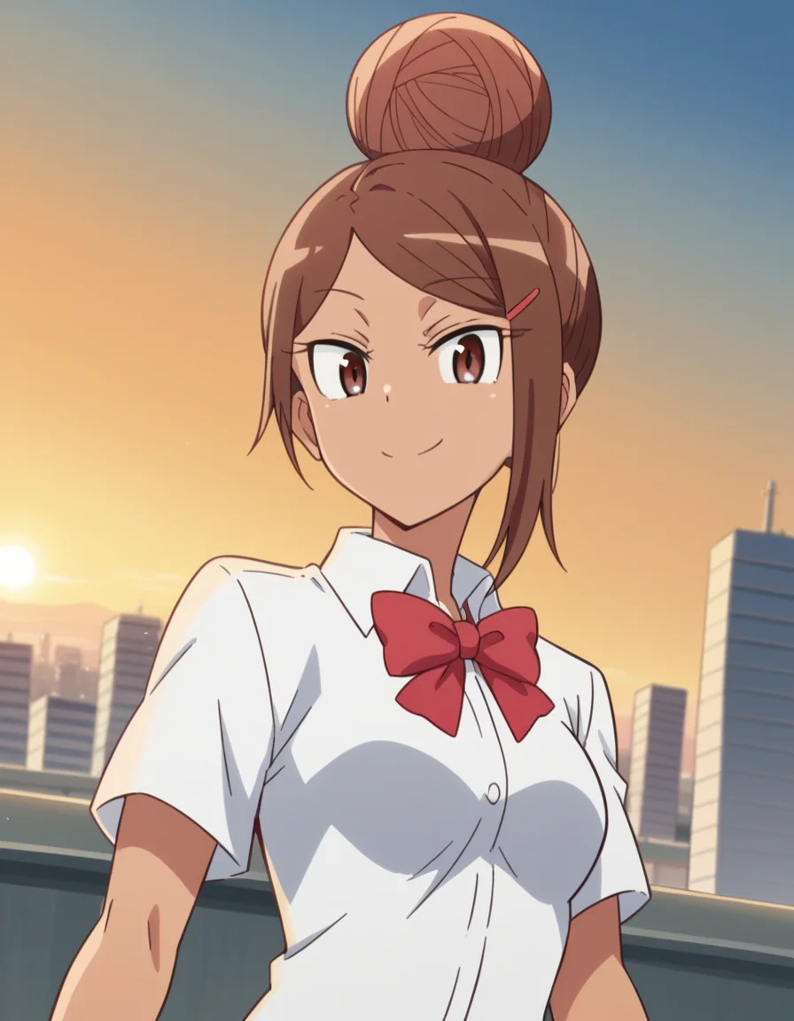 score_9, score_8_up, score_7_up, source_anime, <lora:ayaka-uehara-s1-ponyxl-lora-nochekaiser:1>, ayaka uehara, brown hair, hair ornament, brown eyes, hairclip, dark skin, hair bun, dark-skinned female, single hair bun, medium breasts,, skirt, shirt, bow, school uniform, white shirt, short sleeves, collared shirt, bowtie, red bow, red bowtie,, rooftop, sunset, cityscape, quiet moment, wind blowing, contemplative, smile, looking at viewer, smile, solo,, cowboy shot, dutch angle,