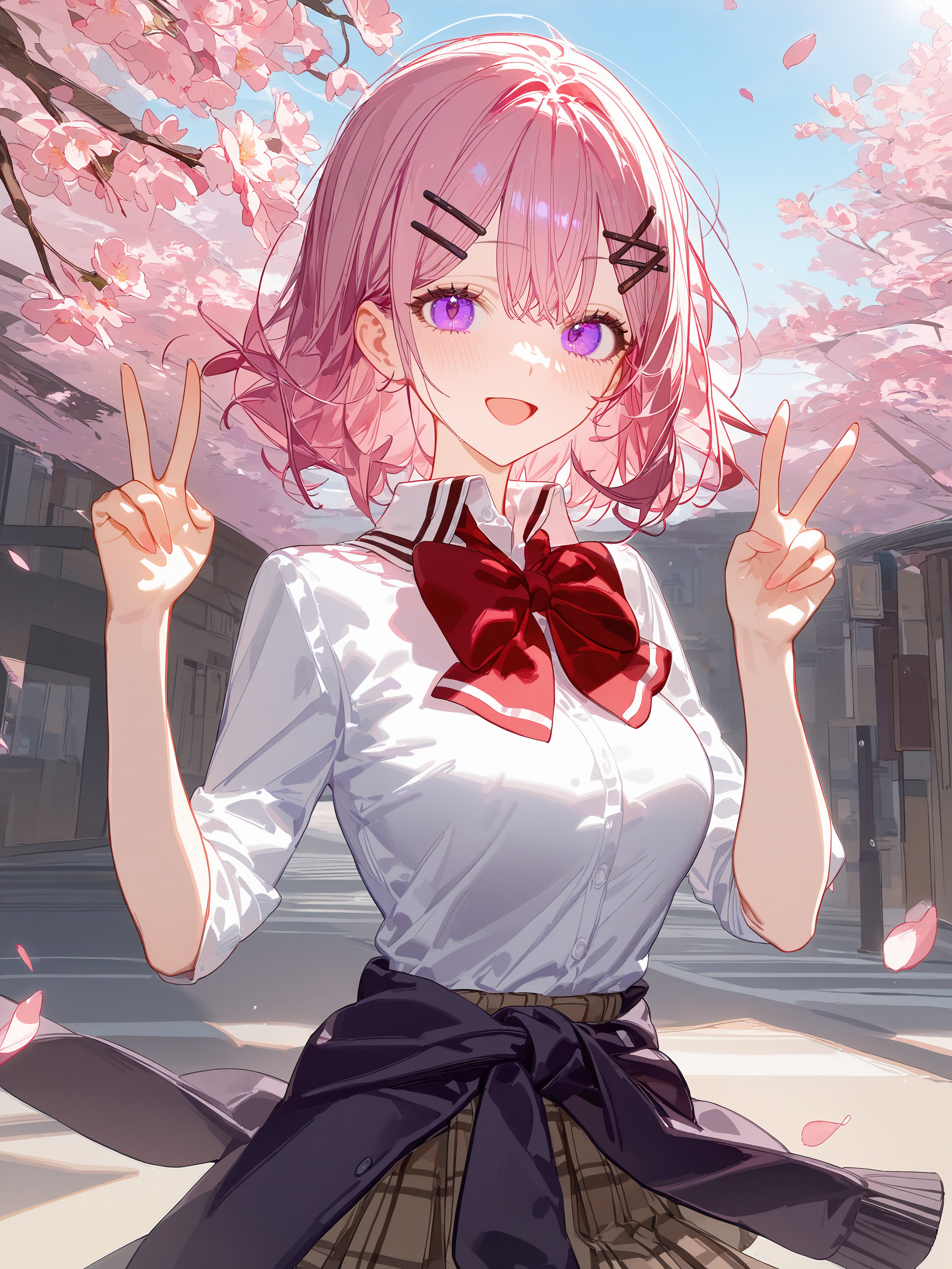 1girl, amaori renako, solo, purple eyes, hairclip, school uniform, pleated skirt, plaid skirt, white collared shirt, red bowtie, clothes around waist, double v, looking at viewer, smile, open mouth, standing, cowboy shot, outdoors, street, cherry blossoms, petals, depth of field <lora:Char-Amaori_Renako-V1-SDXL:0.9>, illustration, incredibly absurdres, ultra detailed, masterpiece, best quality, perfect features, intricate details, ray tracing, very aesthetic, (hitenkei, askzy:0.4), [<lora:XL-detailed_notrigger:0.95>::0.5], [:<lora:XL-aesthetic_anime:1.2>:0.5]