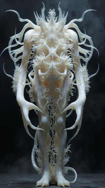 4byss, A towering humanoid entity composed of translucent, pearlescent white material resembling both ice and living tissue. Its elongated lower body tapers to digitigrade legs ending in sharp, crystalline talons. The creature's torso erupts into an intricate network of writhing, tendril-like appendages that curve and spiral outward symmetrically from its core, creating a hypnotic pattern reminiscent of frozen lightning or coral formations. These tendrils appear both organic and crystalline, catching and refracting light along their surfaces. The being's shoulders and upper arms are adorned with delicate, frost-like growths that resemble thousands of tiny ice needles or sea urchin spines arranged in dense clusters. The figure's surface texture shifts between glossy and matte, suggesting a material that's simultaneously liquid and solid. The entire form is backlit against a dark, misty background, emphasizing its otherworldly silhouette and the way light plays through its semi-transparent body. The overall composition suggests both deep-sea bioluminescence and ethereal, alien architecture, creating a being that exists between organic and geometric perfection. The creature appears to be in motion, captured mid-stride, with an elegantly threatening presence that combines grace and predatory purpose