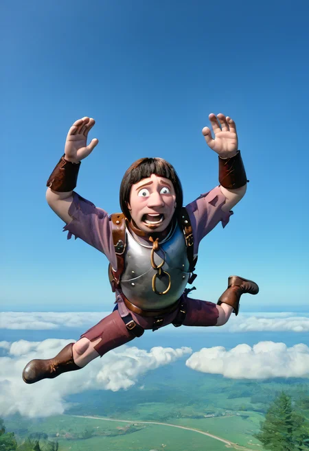 1727C6CDDF61 BREAK 1boy, solo, HuiBuh, bob cut, blunt bangs, dark brown hair, goatee, metal collar, armor, chain, breastplate, hud_skyd1ver, skydive, falling, midair, flying, backpack, outdoors, village, sky, day, cloud, trees, panic, scared, stressed <lora:hui_buh:1.2> <lora:skyd:0.8>