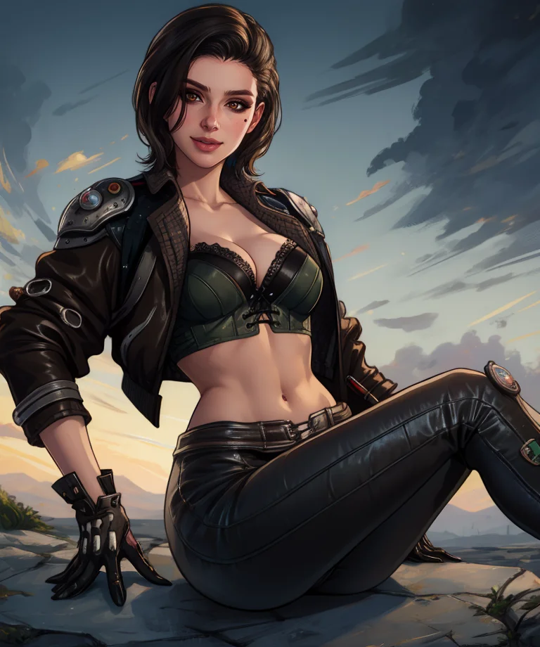 freyna,brown eyes,black hair,mole under eye,
jacket,crop top,navel. leather cleavage,light smile,gloves,pants,
sitting,
(insanely detailed, masterpiece, best quality),
science fiction,solo,<lora:freyna:0.8>,