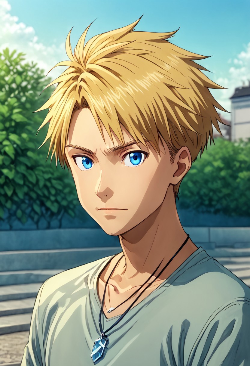 high resolution, solo, best quality, 1Boy, Yamato Ishida, Blonde Hair, Blue Eyes, Necklace, portraits, proud, outdoor, Half Body, Depth Of Field,