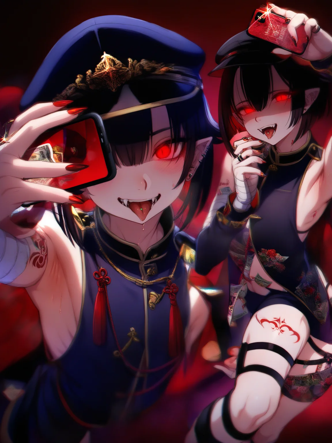 Masterpiece, Best Quality, Best Score, Best Anatomy,
 <lora:[Ikezaki Misa] Assorted Artworks Omnibus Style IllustriousXL:1>red eyes, tongue out, black hair, red nails, nail polish, male focus, hat, money, ear piercing, holding phone, looking at viewer, jewelry, cellphone photo, 1boy, fangs, otoko no ko, armpits, smartphone, stud earrings, open mouth, thigh strap, tattoo, bandages, black headwear, teeth, shorts, tongue piercing, peaked cap, selfie, bare shoulders, fingernails, flower, androgynous, banknote, short hair, vampire, multiple boys, sleeveless shirt, blush, ring, detached sleeves, hair between eyes, tassel, smile, bandaged arm, pointy ears, chromatic aberration, glowing eyes, arm up, cover, glint,