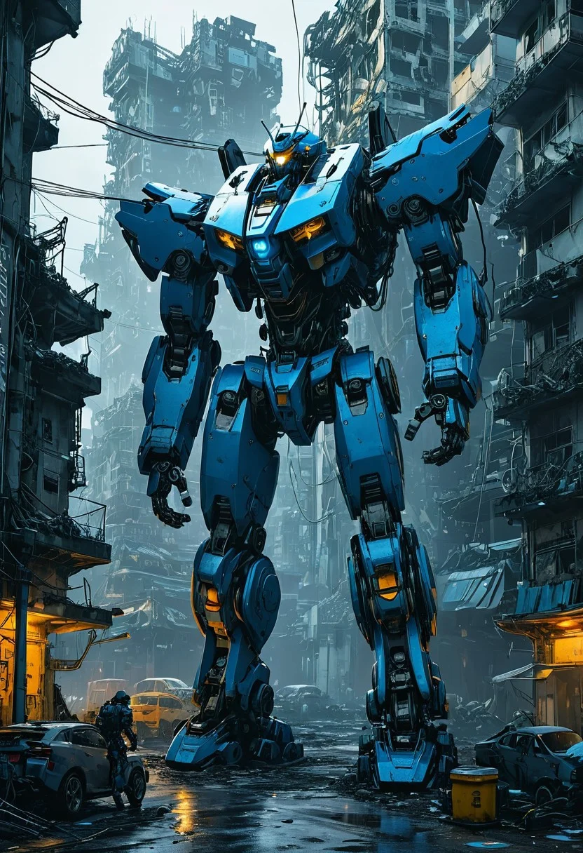 This intricate anime-style artwork (1.1) exhibits the influence of Tsutomu Nihei's distinct artistic approach (1.2), featuring a highly detailed mech with a giant, triangular-headed design. The mech is clad in titanium armor, with sharp shapes and lines that evoke a sense of cyberpunk.
Set against a dramatic dark background, the mech emanates blue energy as it stands amidst the ruins of a futuristic urban landscape. The city street has a cold, gloomy atmosphere, with the mech occupying a chilly, dimly lit room. The artwork showcases a mix of graphics from anime and manga, with elements of gigantism and triangular shapes, all rendered in muted colors.
The mech's blue lux glows brightly from one angle, while other parts of the machine remain dark and mysterious. The piece is meticulously detailed, with lots of small details, sharp angles, and high-rise structures that evoke a futuristic, science fiction setting. Additionally, the artwork features beams of energy and a flash of light, creating a dynamic third-person perspective.