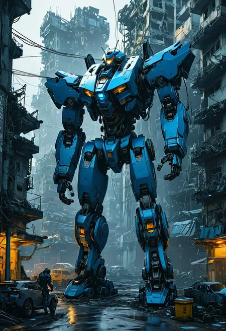 This intricate anime-style artwork (1.1) exhibits the influence of Tsutomu Nihei's distinct artistic approach (1.2), featuring a highly detailed mech with a giant, triangular-headed design. The mech is clad in titanium armor, with sharp shapes and lines that evoke a sense of cyberpunk.
Set against a dramatic dark background, the mech emanates blue energy as it stands amidst the ruins of a futuristic urban landscape. The city street has a cold, gloomy atmosphere, with the mech occupying a chilly, dimly lit room. The artwork showcases a mix of graphics from anime and manga, with elements of gigantism and triangular shapes, all rendered in muted colors.
The mech's blue lux glows brightly from one angle, while other parts of the machine remain dark and mysterious. The piece is meticulously detailed, with lots of small details, sharp angles, and high-rise structures that evoke a futuristic, science fiction setting. Additionally, the artwork features beams of energy and a flash of light, creating a dynamic third-person perspective.