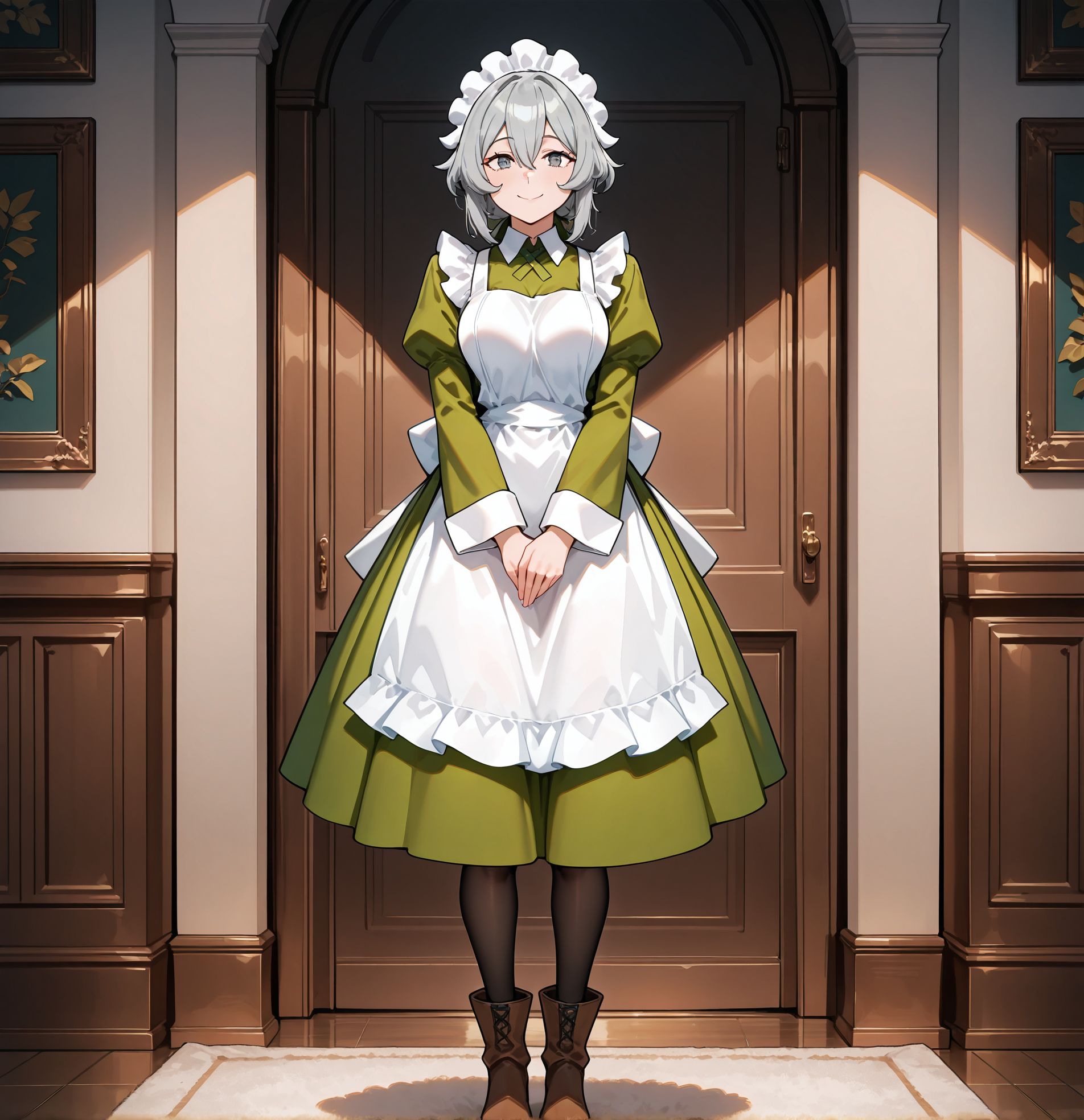 masterpiece,best quality,amazing quality,very aesthetic,absurdres,newest, huge filesize,
<lora:spo_sdxl_10ep_4k-data_lora_webui:0.5>,
<lora:add-detail-xl:1>
<lora:DANMACHI_V2:1>
danmachiV2,1girl,pantyhose,
maid headdress,apron,maid,
grey hair,grey eyes,
full body,smile,boots,
dress,green dress,
brown footwear,long sleeves,looking at viewer,
standing,hair between eyes,
d_syr,
