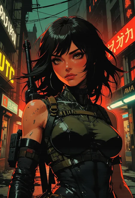 magnificent, closeup portrait, female bounty hunter, flowing black hair, futuristic armor, sexy, curvy, large breasts, large ass, a rifle strapped to her back, holstered pistol, Cyberpunk City, Neon Lights,
Cowboy Shot, close up,