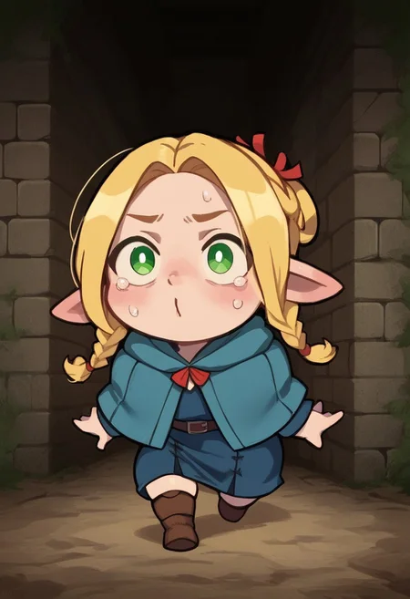 score_9, score_8_up, score_7_up, score_6_up, score_5_up, score_4_up, masterpiece, perfect face, perfect eyes, 4ng3l face, sexy girl, 1girl, ((bluemake)), chibi, short chibi, very short chibi, Marcilledonato, blonde hair, green eyes, white pupils, blue capelet, twin braids, blue robe, ((solo)), running, panic, scared, dungeon background