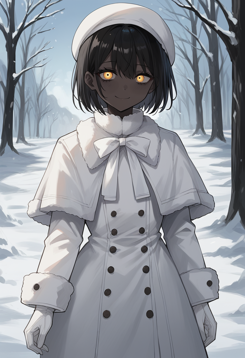 masterpiece, best quality, uncensored, source_anime, score_9, score_8_up, score_7_up, score_6_up, score_5_up, score_4_up, 1girl, solo, theprincess, dark-skinned female, very dark skin, black hair, short hair, yellow eyes, white dress, long sleeves, capelet, white bow, white gloves, white coat, fur trim, white headwear, beret, smile, cowboy shot, snow, outdoors, nature <lora:ThePrincess:0.8>