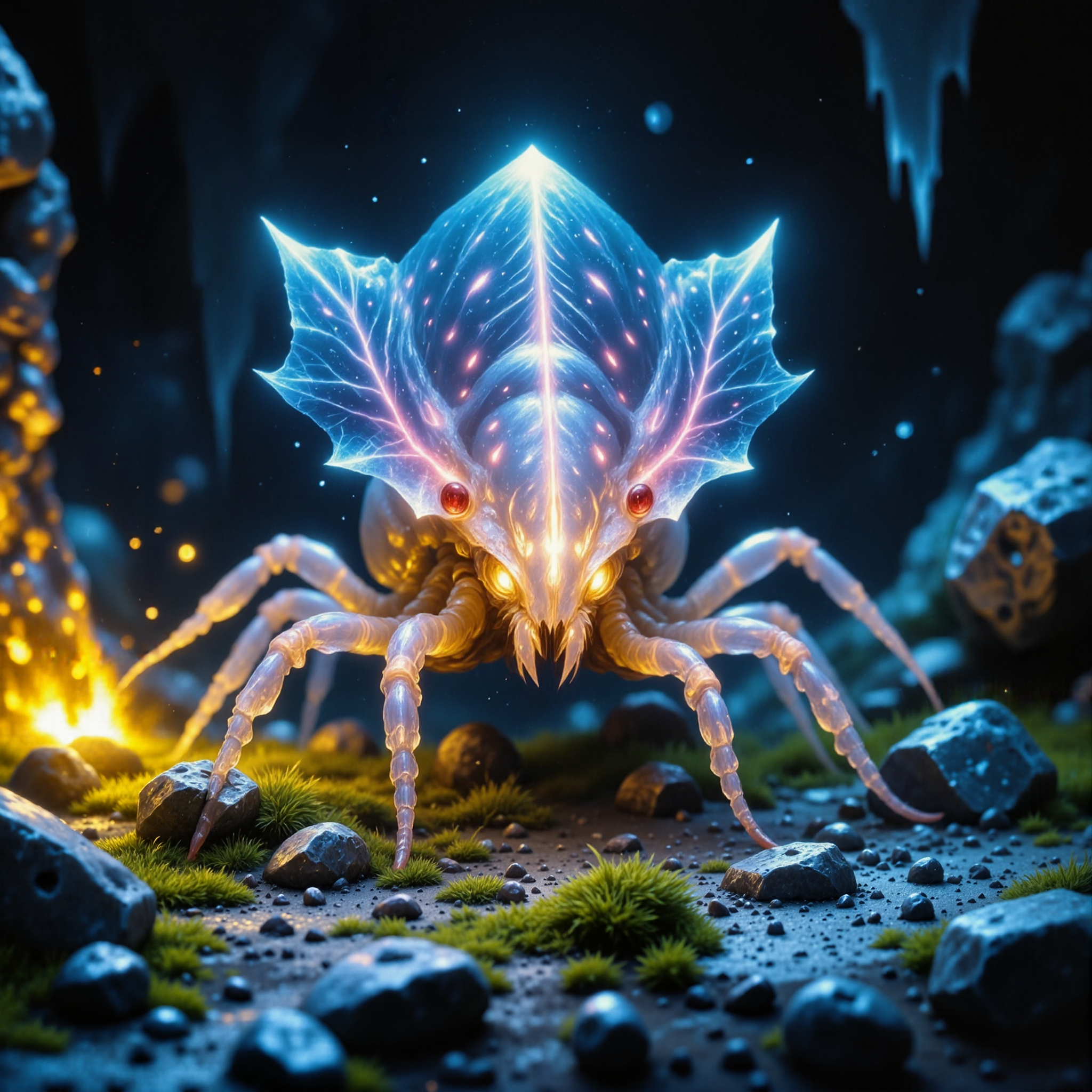 award-winning macro photo, short depth of field, the skittering "blorzifying tinklegrub" is a pint-sized, flinklebugging marvel found in the damp, lumiglistening caves of "morbenth iv". this bioluminescent invertebrate sports a translucent, flirbled carapace that refracts faint light into shimmering rainbows. its flibbering feather-like antennae are sensitive to vibrations, allowing it to detect both predators and its favored food, the elusive "mossyclining sparklemites." the creature's habitat features walls of glistening stalagshimmers and faintly glowing fungal blooms, creating a truly franglyfying ecosystem, subsurface scattering, highly detailed, intricate, detailed background, golden ratio, arsmjstyle, dnddarkestfantasy, in the style of ck-ovf, aidmafluxpro1.1, 
amanoer, <lora:style-yoshitaka_amano-elden_ring-flux-by_alicient:0.6> 
<lora:style-dnd_dark_fantasy-flux-by_arsmachina:0.76> 
<lora:style-oneviolentfantasy-ep21-flux-by_chronoknight:0.68> 
<lora:flux_pro1.1_detailer-v0.2-flux-by_aidma:0.52>
