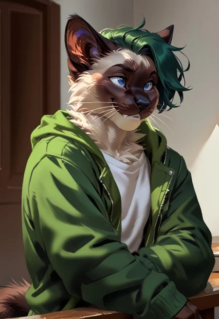 score_9, score_8_up, score_7_up, (by zummeng:1.5), (by jailbird:1.5), (by kittydee:1.5), masterpiece, best quality, (solo),
(Furry Art : Anthro : Siamese Cat: 1.5), transgirl, expressive eyes, feminine eyes, <lora:beautiful_detailed_eyes:1>, perfect face, feminine face, (beautiful green hair:1.5), (curly short hair:1.5), feminine body, medium breasts, cat, feline, two-toned fur, black face fur, black fur on limbs, black tail fur, white body fur, (vibrant blue eyes), (black windbreaker jackets:1.5), (black t-shirt:1.5),
