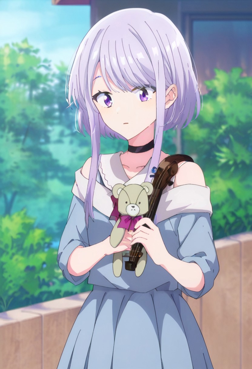 score_9, score_8, score_7, source_anime, amasawa kyou, choker, black choker, outdoors, holding instrument, facing viewer, bow, bare arms, teddy bear, school uniform, off shoulder