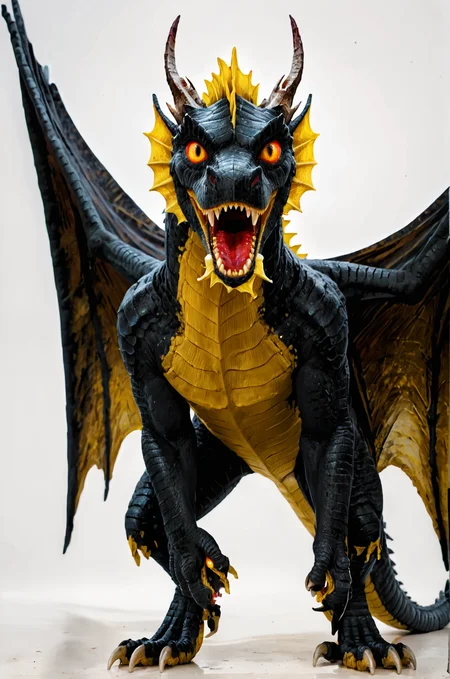 score_9, score_8_up, score_7_up, BREAK,
heroes2, realistic, detailed, (from front, facing viewer:1.6), looking at viewer, dragon, black dragon, standing, black scales, yellow eyes, red sclera, mouth open, looking up, yellow accents, wings up, white background, full body, wings, horns, solo, leaning forward,
, <lora:HoMMv6_S98:1>,