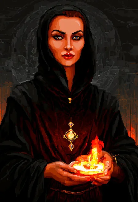 w1ngc0mmander, pixel art
a grim faced young woman wearing a black robe, buzzcut, lipstick, magic circle, sorceror, crystals, portal, lighting, fire, mist, ritual,