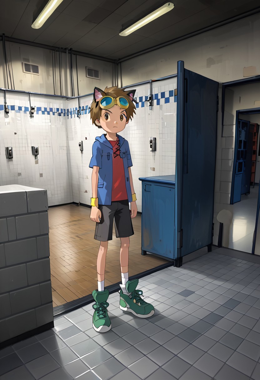 MhaYaoi_Style, bedroom,adult, ((masterpiece)), ((best quality)), ((ultra-detailed)), score_9_up, score_8_up, score_7_up, HD, top quality, best quality, High-quality illustrations, anime screencap, masterpiece, best quality, amazing quality, BREAK man male guy, fluffy messy black hair, medium length hair, hazel brown eyes, big eyes, chiseled face, defined chin, tan skin tone, full body, detailed eyes, high definition eyes, black cat ears, black cat tail, cat claws, cat claw fingers, claw fingernails, plain red shirt, blank red shirt, black shorts,standing, BREAK blank simple background,1boy, solo, brown hair, goggles on head, blue hoodie, yellow wristband, grey pants, white socks, green shoes,ruanyi0989,indoors,tile floor,