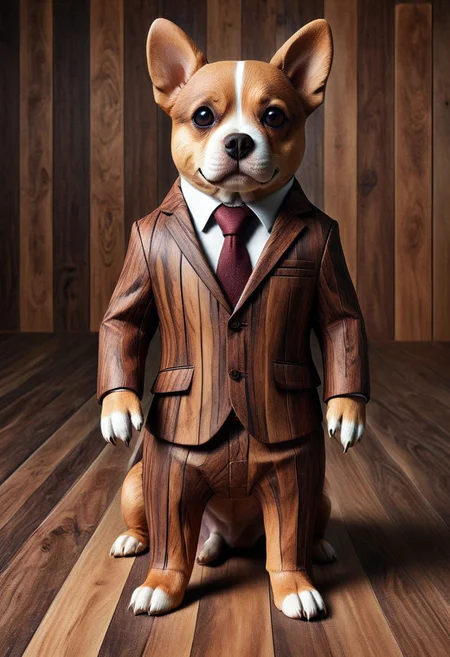 photo of a cute dog standing wearing a business suit made of wood