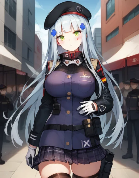score_9,score_8_up,score_7_up,score_6_up BREAK official art,solo,outdoors,looking at viewer,facing viewer,expressionless,blush,HK416,hk416 (girls' frontline),hat,beret,black headwear,very long hair,white hair,x hair ornament,sidelocks,blunt bangs,green eyes,facial mark,teardrop,military jacket,purple jacket,clothes writing,uniform,white gloves,long sleeves,german flag,large breasts,skindentation,pouch,miniskirt,black skirt,pleated skirt,plaid skirt,thighs,zettai ryouiki,black thighhighs,thigh holster,black footwear,<lora:HK416(gf)-Pony:1.3>,