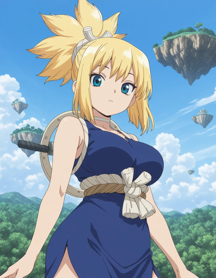 masterpiece, best quality, amazing quality,, <lora:drstone-kohaku-s4-illustriousxl-lora-nochekaiser:1>, kohaku, blonde hair, blue eyes, hair ornament, ponytail, mature female, breasts, anime screencap, bare shoulders, blue dress, choker, dress, rope, rope belt, sleeveless, sleeveless dress,, v,, floating island, sky, clouds, greenery, magical, cowboy shot, solo, looking at viewer, solo focus