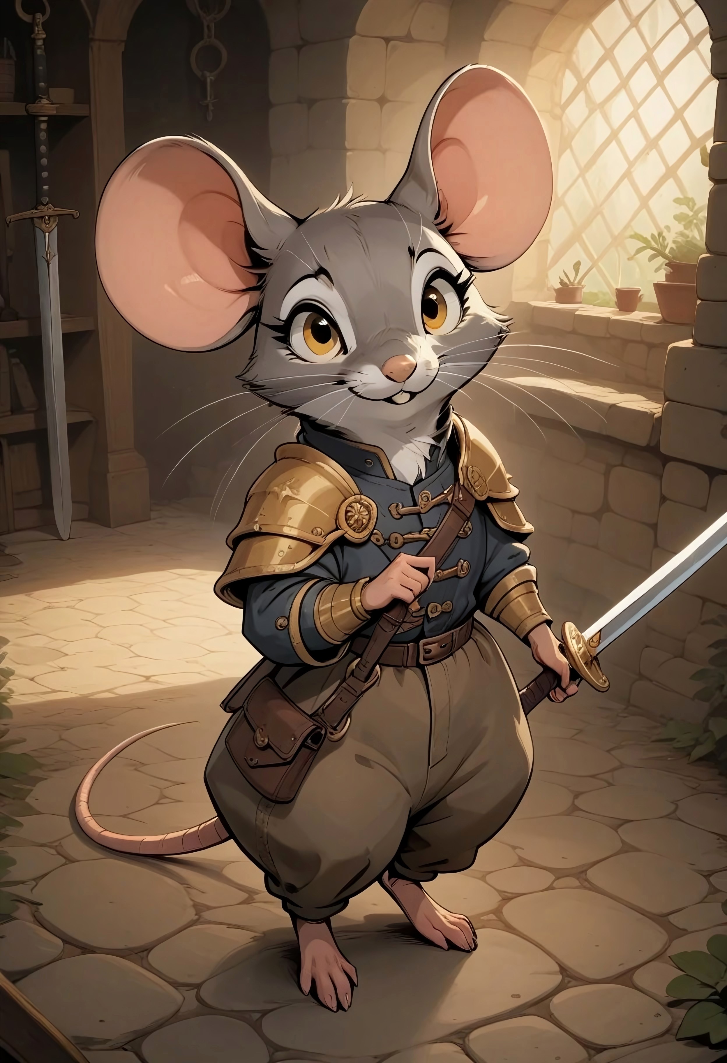 score_9, score_8_up, score_7_up, score_6_up, score_5_up, score_4_up, m0use_maximilla, in the style of Beatrix Potter, cute, (feral:0.5), golden eyes, ((dark brown adventurers outfit)), (pants:1.2), dungeon, ((holding long curved sword)), (full body shot), zoom out:2), high angle view, sword over shoulder, armor